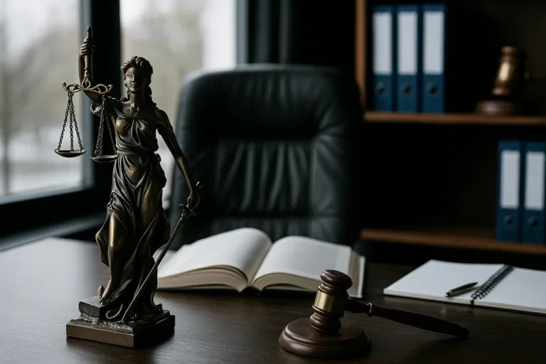 Truck Accident Lawyer, Lady Justice statue with gavel and law book in lawyer’s office