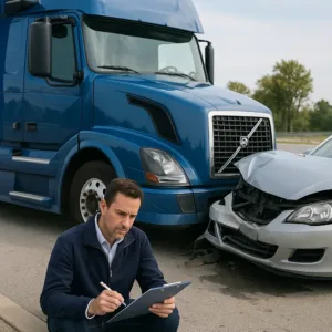 Truck Accident Lawyer scene with man documenting crash evidence