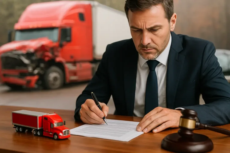 Truck Accident Lawyer reviewing legal documents with red truck crash behind