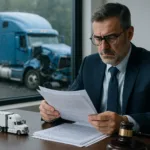 Truck Accident Lawyer reviewing legal documents after blue semi-truck crash