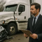 Truck Accident Lawyer assessing crash site of semi-truck and car