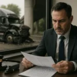 Truck Accident Lawyer analyzing documents with black semi-truck crash in background