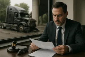 Truck Accident Lawyer analyzing documents with black semi-truck crash in background