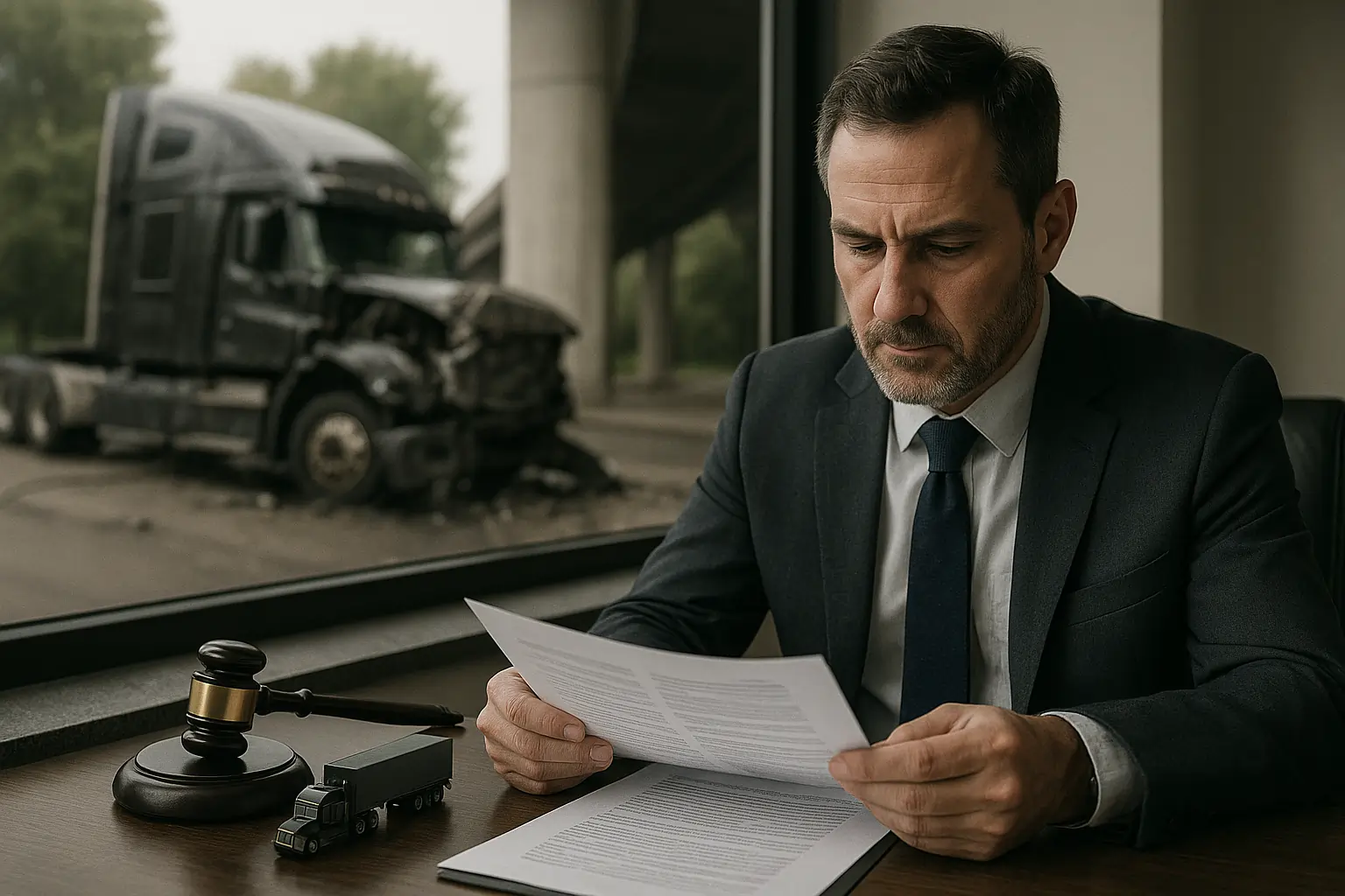 Truck Accident Lawyer analyzing documents with black semi-truck crash in background