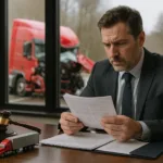 Truck Accident Lawyer reviewing lawsuit documents after red semi-truck crash