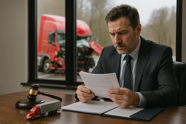 Truck Accident Lawyer reviewing lawsuit documents after red semi-truck crash