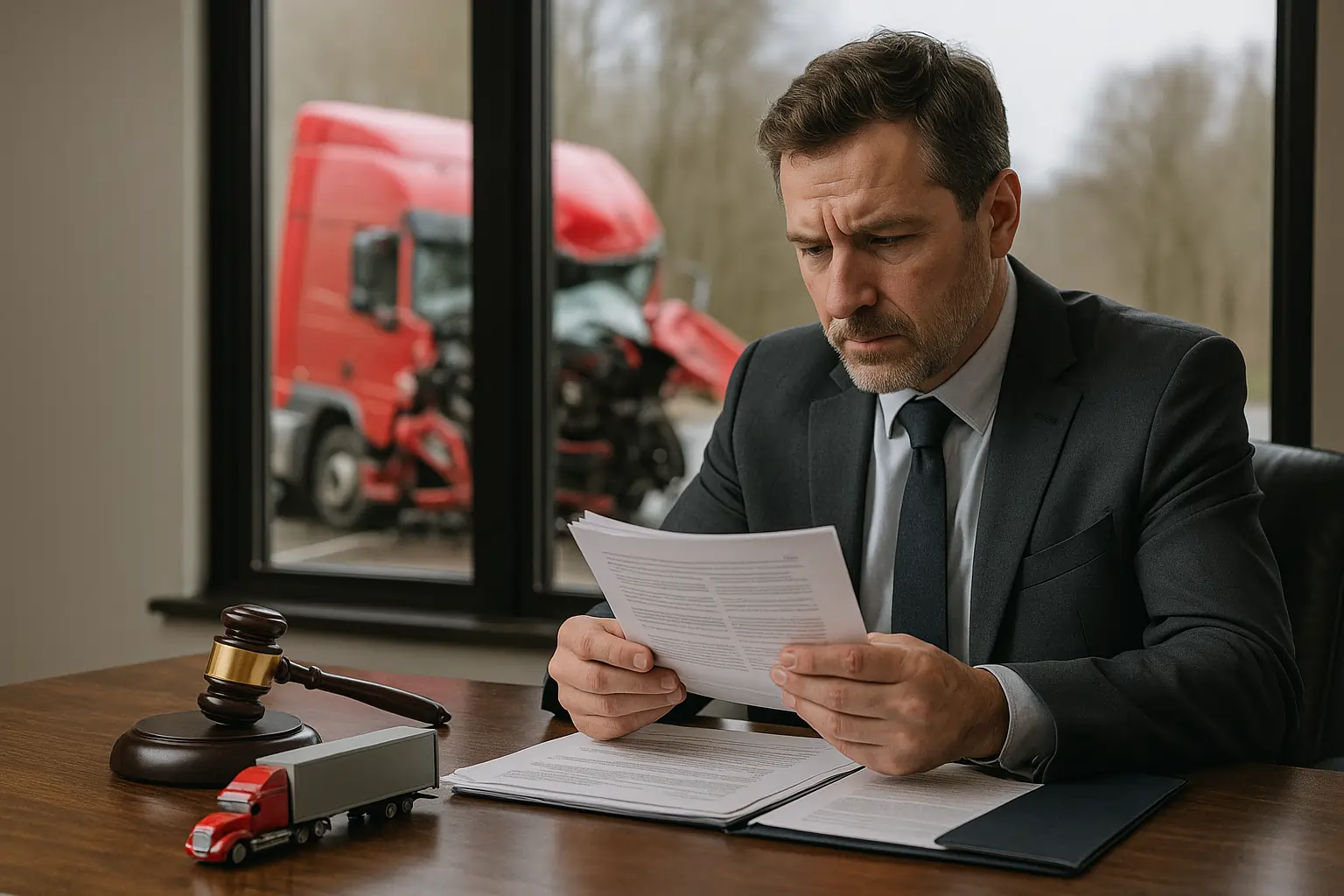 Truck Accident Lawyer reviewing lawsuit documents after red semi-truck crash