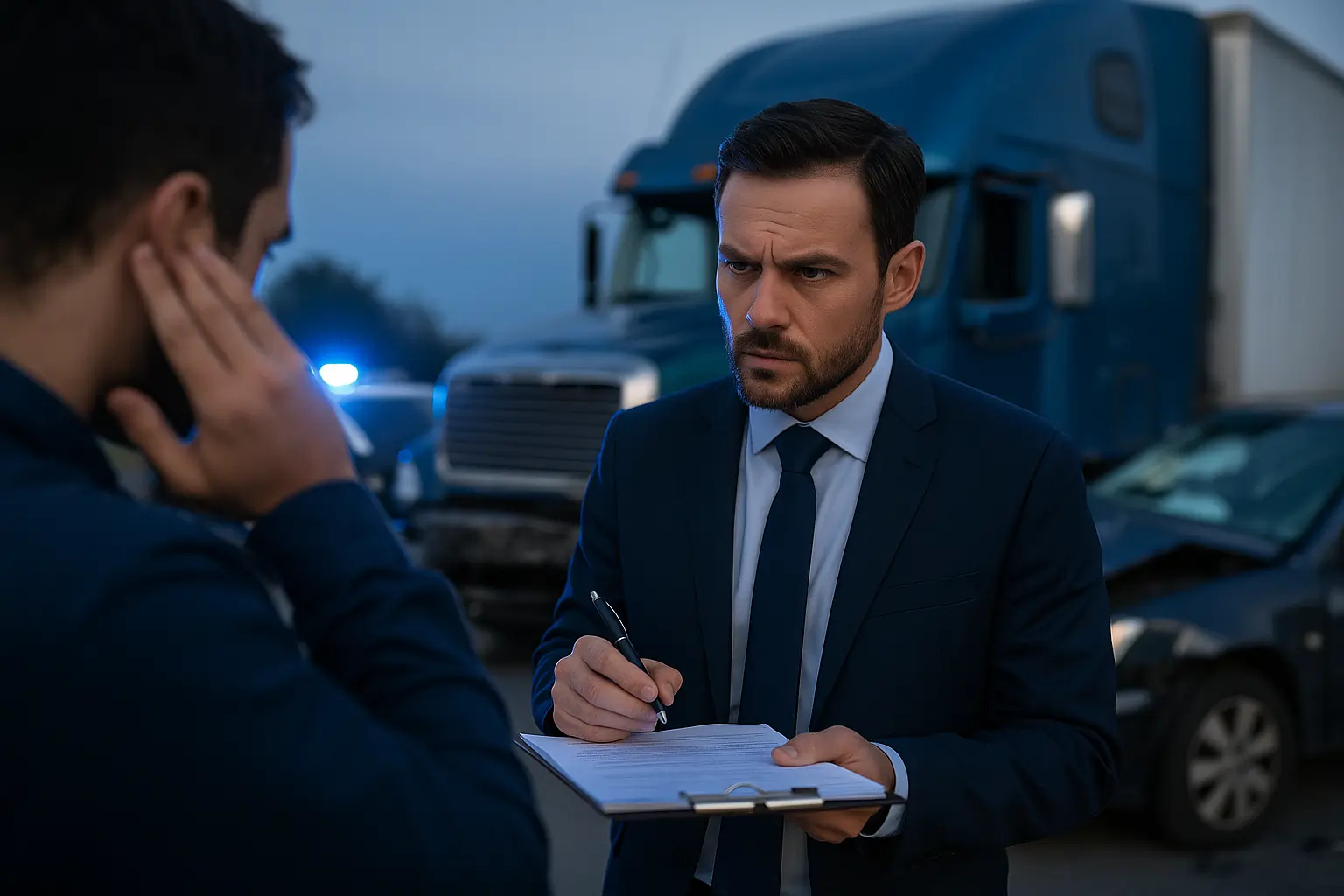 Truck Accident Lawyer speaking with injured victim at crash scene