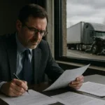 Truck Accident Lawyer reviewing lawsuit documents with truck crash in view