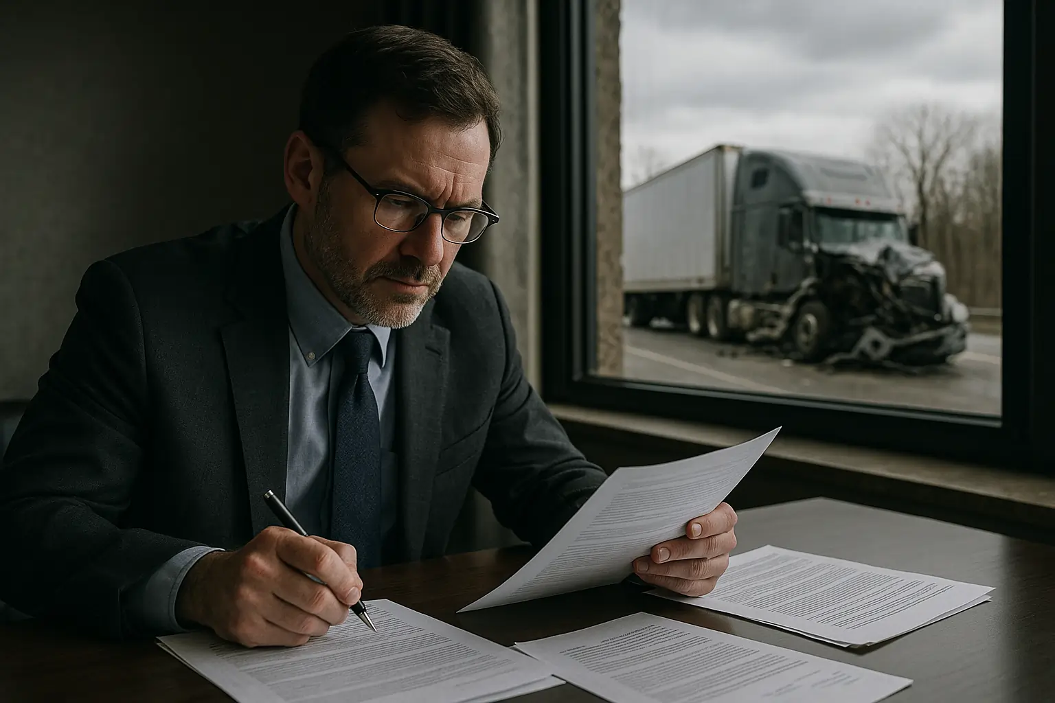 Truck Accident Lawyer reviewing lawsuit documents with truck crash in view