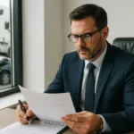 Truck Accident Lawyer reviewing documents in office with truck crash in background
