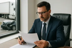 Truck Accident Lawyer reviewing documents in office with truck crash in background