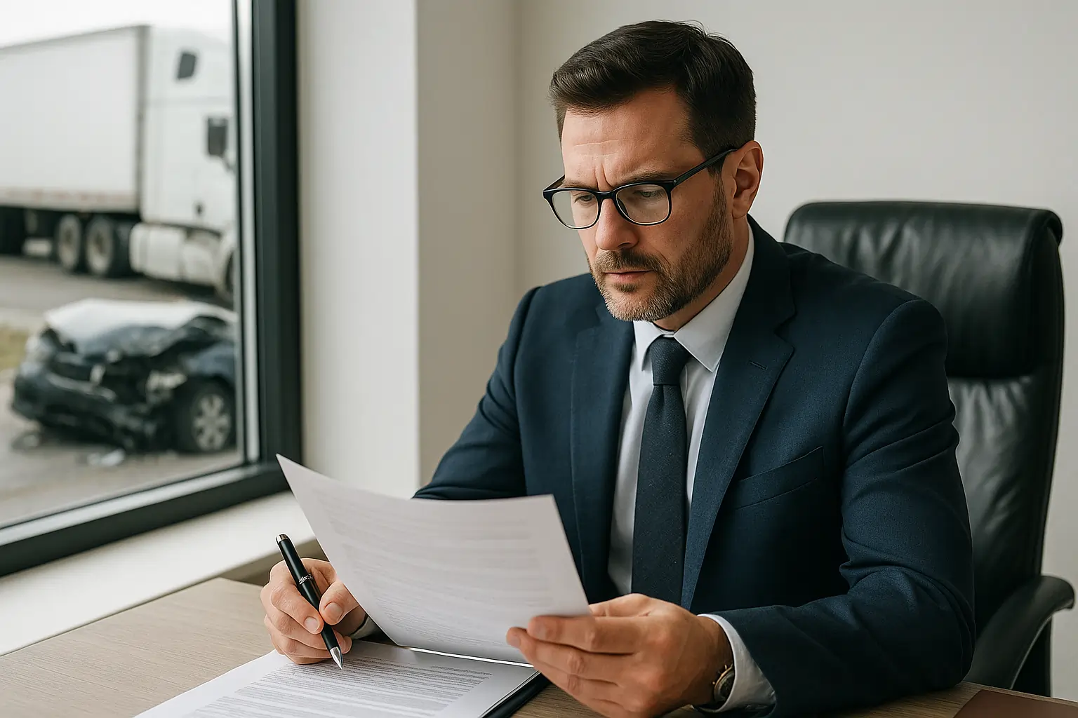 Truck Accident Lawyer reviewing documents in office with truck crash in background