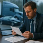 Truck Accident Lawyer reviewing wage loss documents with blue truck crash visible