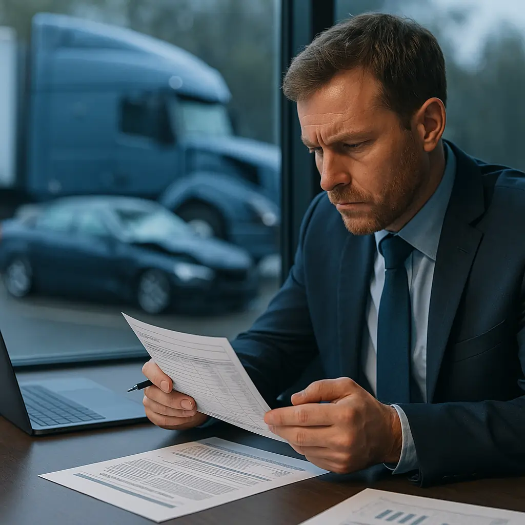 Truck Accident Lawyer reviewing wage loss documents with blue truck crash visible