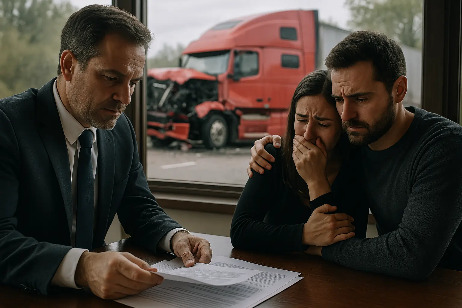 Truck Accident Lawyer meeting grieving couple after fatal red semi-truck crash