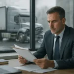 Truck Accident Lawyer examining documents in office with grey semi-truck crash outside