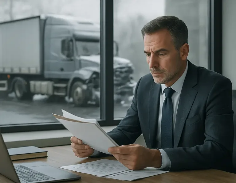 Truck Accident Lawyer examining documents in office with grey semi-truck crash outside