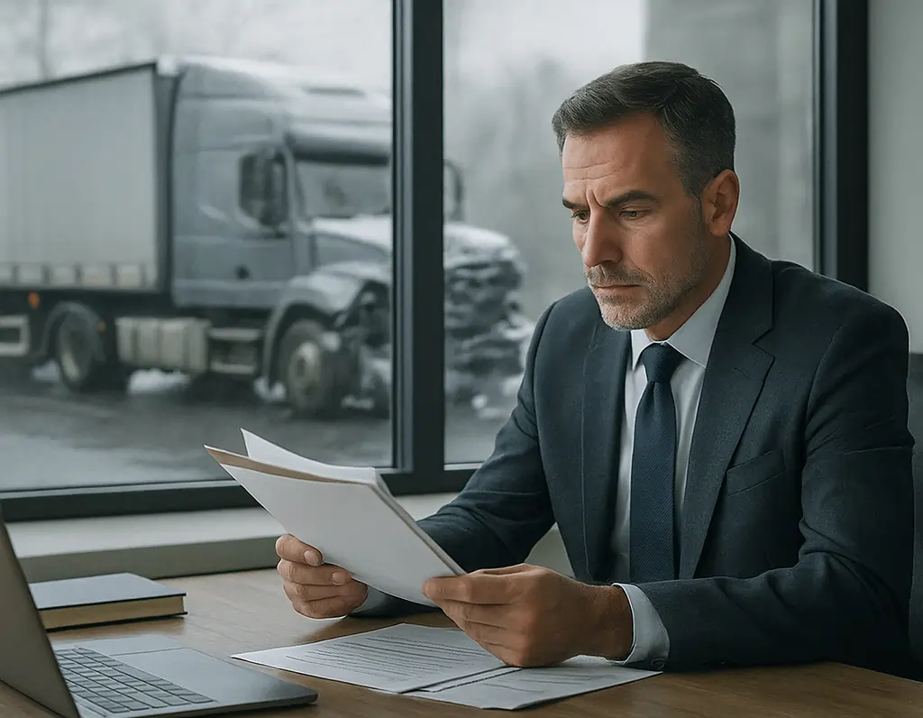 Truck Accident Lawyer examining documents in office with grey semi-truck crash outside
