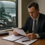 Truck Accident Lawyer reviewing settlement documents in office with green truck crash outside