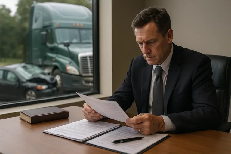 Truck Accident Lawyer reviewing settlement documents in office with green truck crash outside