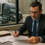 Truck Accident Lawyer reviewing compensation documents with black truck crash outside window