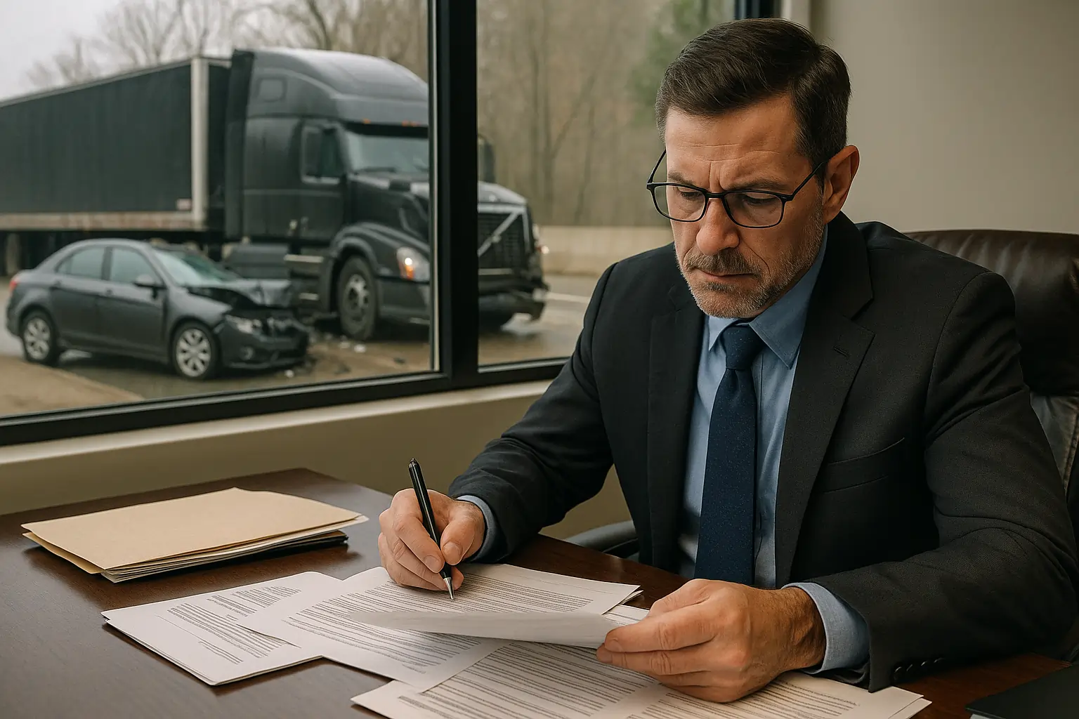 Truck Accident Lawyer reviewing compensation documents with black truck crash outside window