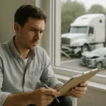 Truck Accident Lawyer preparing documents while silver car and white semi-truck crash outside