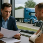 Truck Accident Lawyer discussing settlement timeline with injured client as blue truck crash unfolds outside
