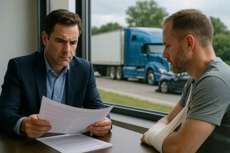 Truck Accident Lawyer discussing settlement timeline with injured client as blue truck crash unfolds outside
