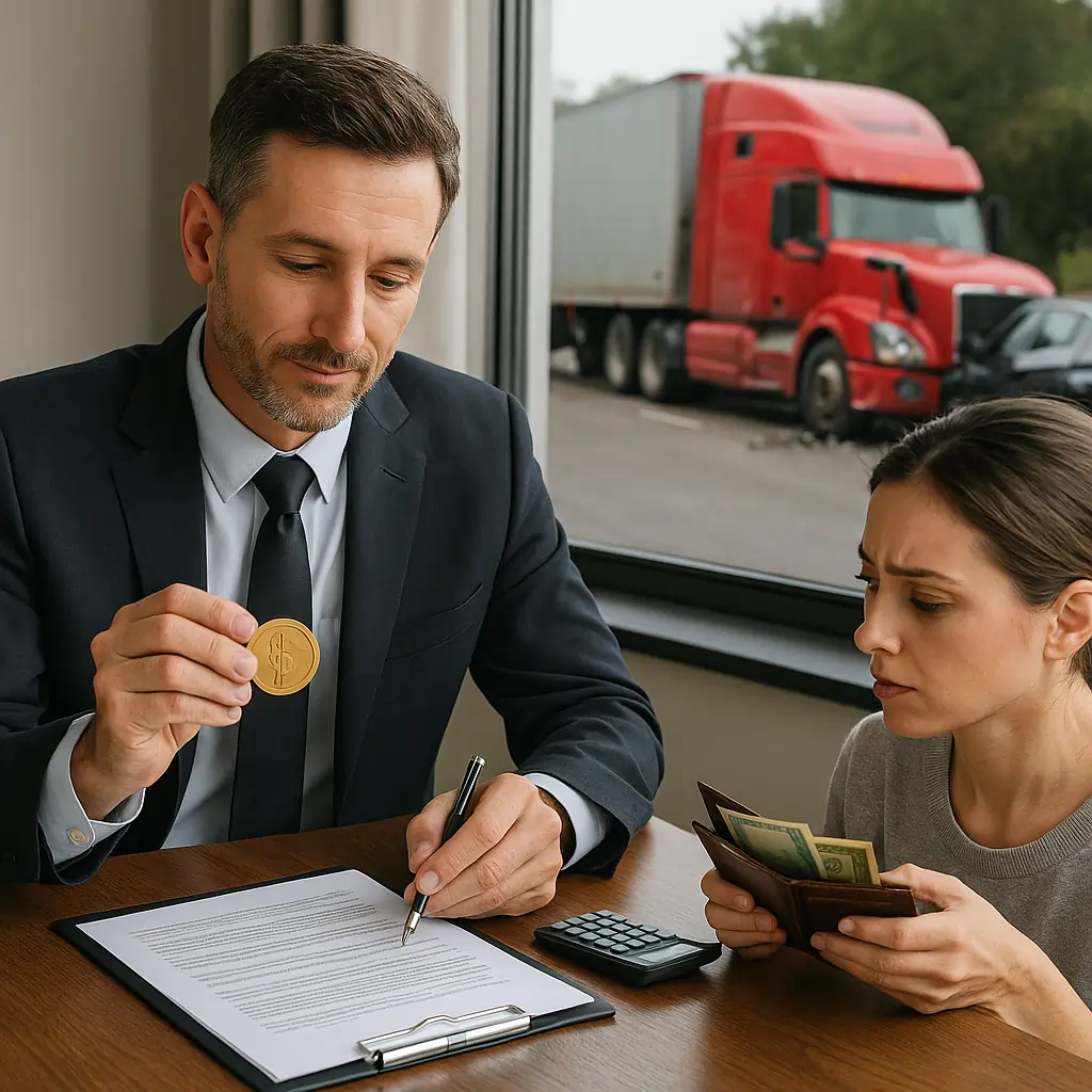 Truck Accident Lawyer advising female client about legal fees as red semi-truck crash is visible outside