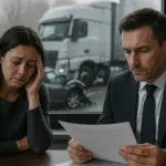 Truck Accident Lawyer consulting grieving woman about wrongful death claim after grey semi-truck crash