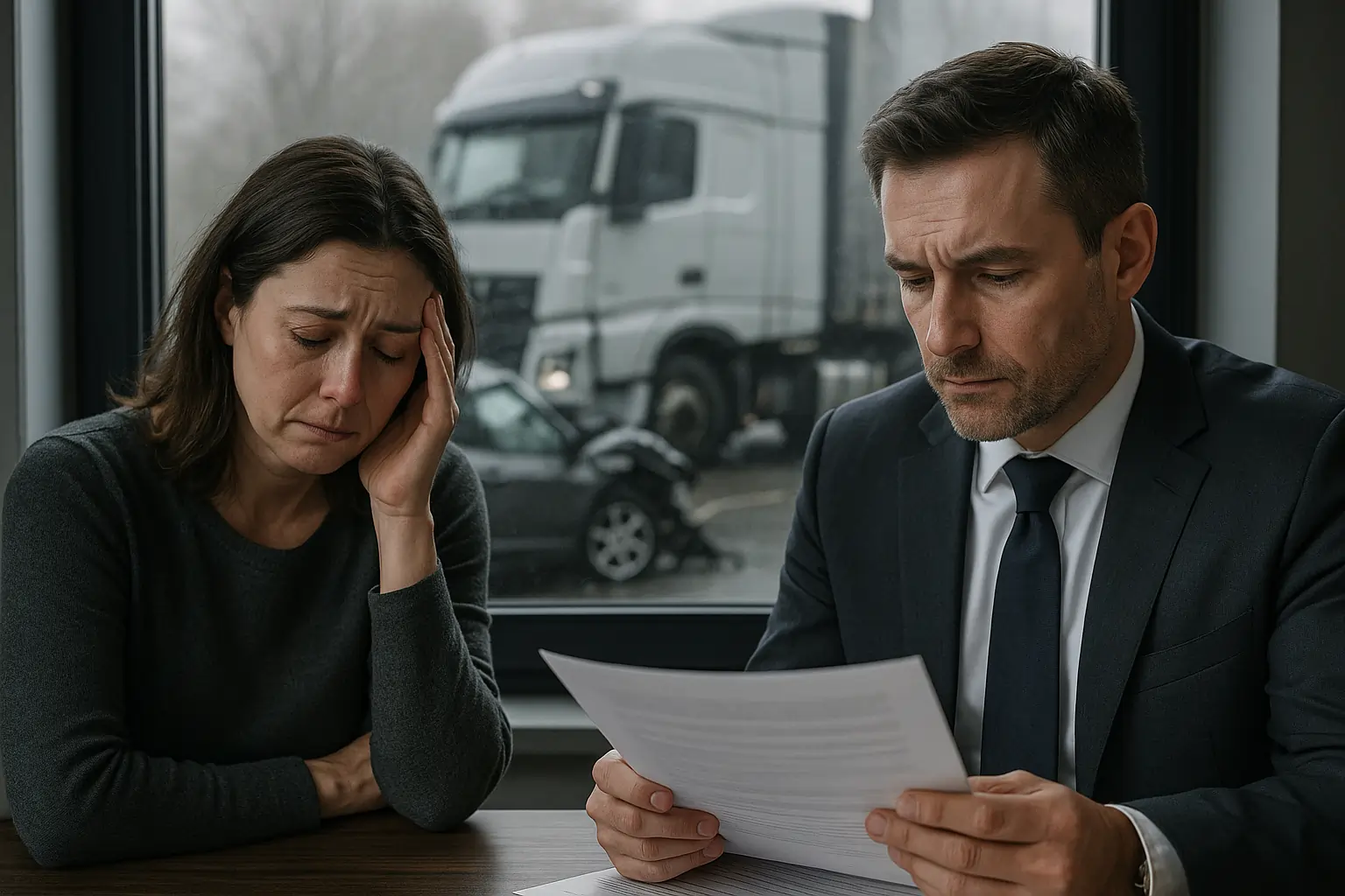 Truck Accident Lawyer consulting grieving woman about wrongful death claim after grey semi-truck crash