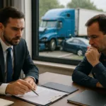 Truck Accident Lawyer consulting male client on fault determination as blue semi-truck crash is visible outside