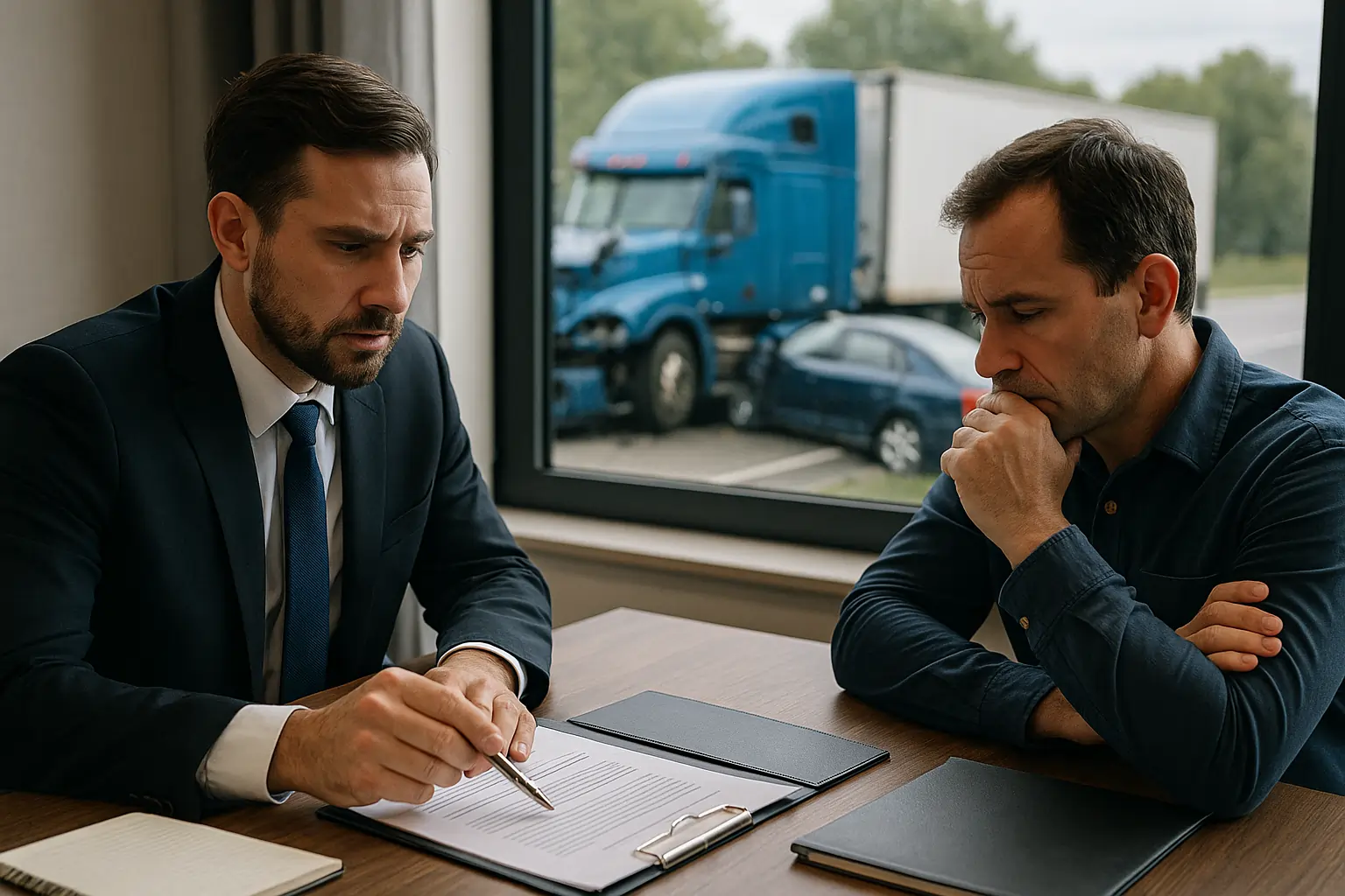 Truck Accident Lawyer consulting male client on fault determination as blue semi-truck crash is visible outside