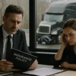 Truck Accident Lawyer consulting female client about insurance as black semi-truck crash is visible outside