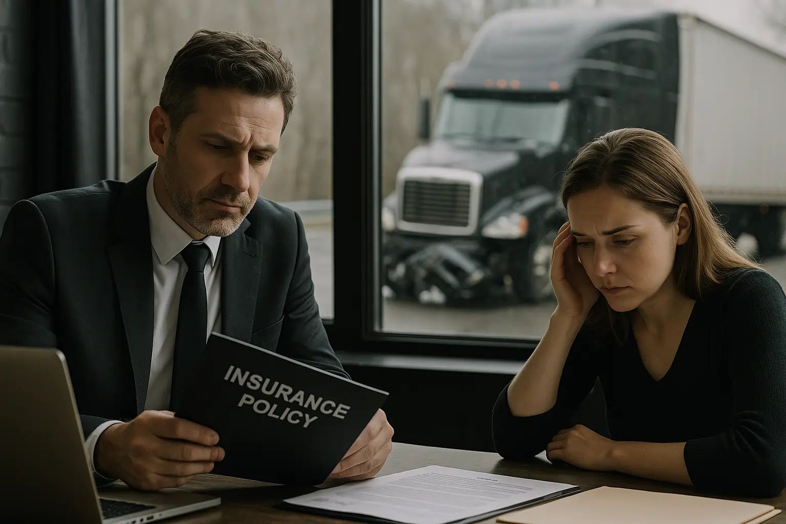 Truck Accident Lawyer consulting female client about insurance as black semi-truck crash is visible outside