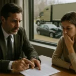 Truck Accident Lawyer advising distressed female client about case risks as khaki semi-truck crash is visible outside
