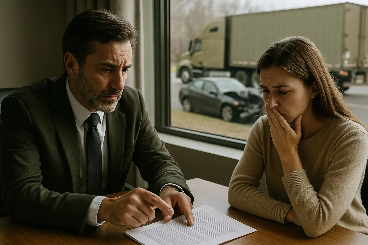 Truck Accident Lawyer advising distressed female client about case risks as khaki semi-truck crash is visible outside