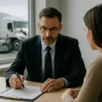 Truck Accident Lawyer explaining truck accident laws to female client as white semi-truck crash is visible outside