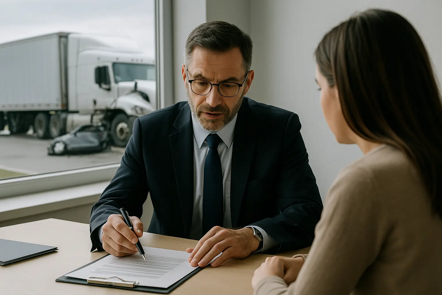 Truck Accident Lawyer explaining truck accident laws to female client as white semi-truck crash is visible outside
