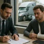 Truck Accident Lawyer consulting injured male client about legal solutions as grey semi-truck crash is visible outside