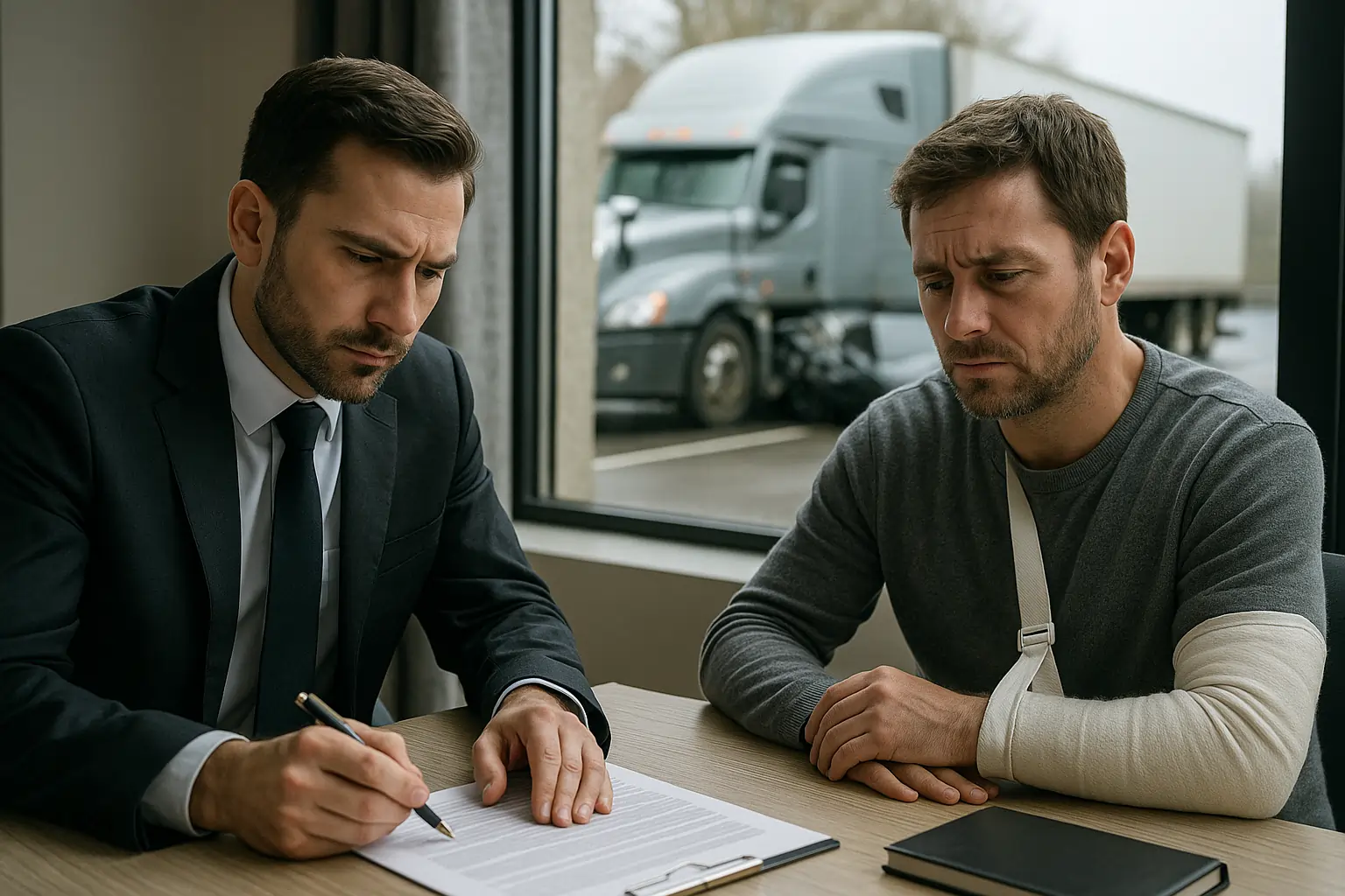 Truck Accident Lawyer consulting injured male client about legal solutions as grey semi-truck crash is visible outside