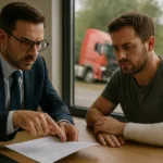Truck Accident Lawyer consulting injured male client about medical bills as red semi-truck crash is visible outside