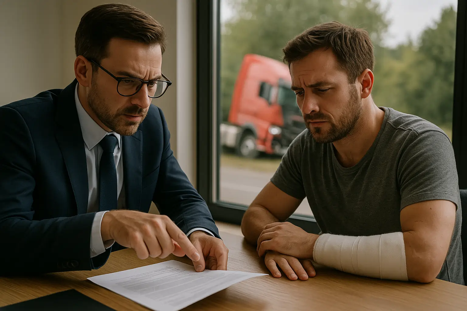 Truck Accident Lawyer consulting injured male client about medical bills as red semi-truck crash is visible outside
