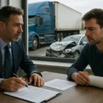 Truck Accident Lawyer consulting injured male client about legal steps as blue semi-truck crash is visible outside