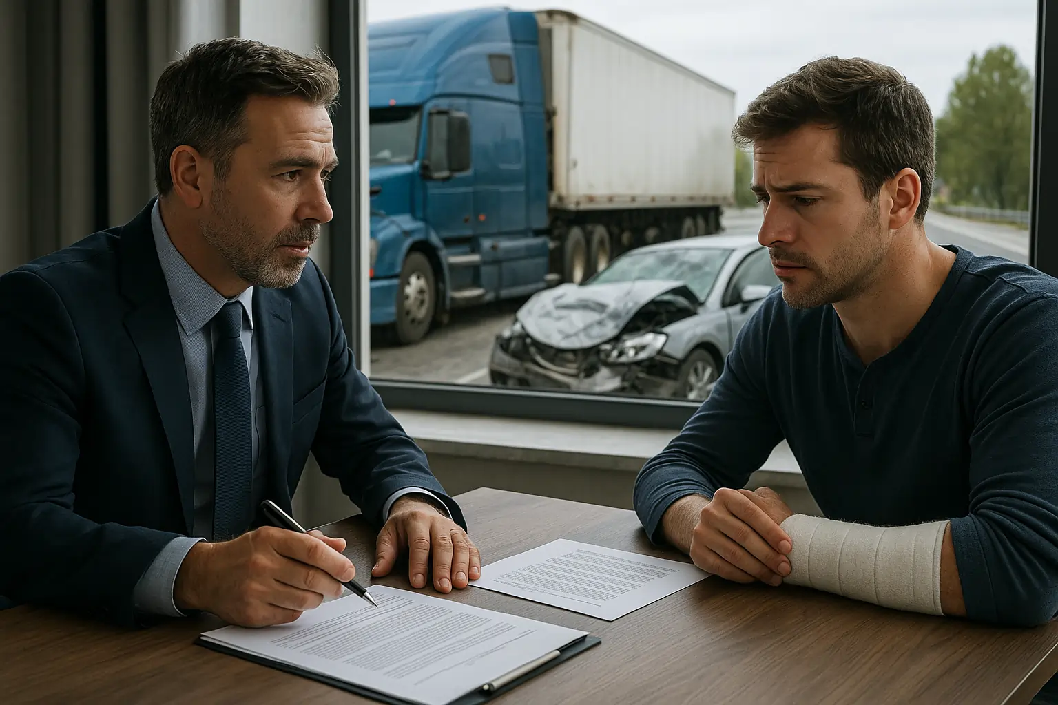 Truck Accident Lawyer consulting injured male client about legal steps as blue semi-truck crash is visible outside