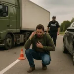 Truck Accident Lawyer consulting injured male client about immediate steps as green semi-truck crash is visible outside