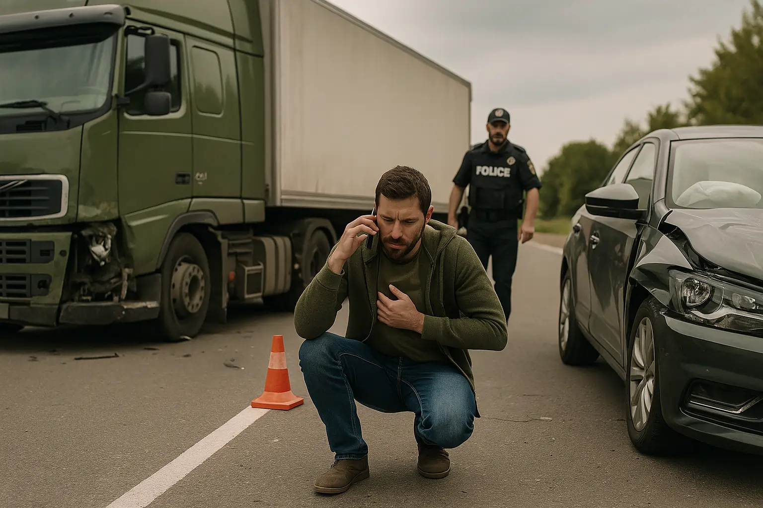 Truck Accident Lawyer consulting injured male client about immediate steps as green semi-truck crash is visible outside