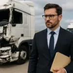 Truck accident lawyer inspecting a damaged semi-truck